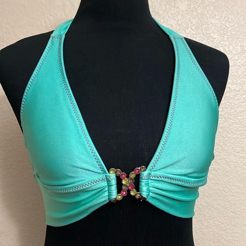 Becca by Rebecca Virtue Turquoise Rhinestone Halter Bikini Top XS